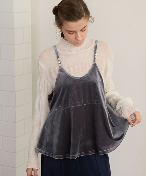 BONLECILL noir（ボンルシールノワール）の「【BONLECILL noir】パールデザインベロアキャミソールビスチェ（キャミソール・レディース・ブラック/チャコールグレー・FREE）」の2枚目の写真