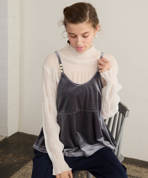 BONLECILL noir（ボンルシールノワール）の「【BONLECILL noir】パールデザインベロアキャミソールビスチェ（キャミソール・レディース・ブラック/チャコールグレー・FREE）」の15枚目の写真