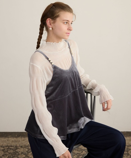 BONLECILL noir（ボンルシールノワール）の「【BONLECILL noir】パールデザインベロアキャミソールビスチェ（キャミソール・レディース・ブラック/チャコールグレー・FREE）」の19枚目の写真