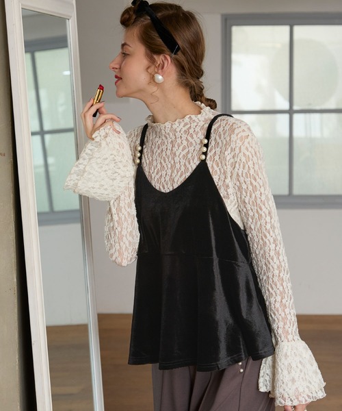 BONLECILL noir（ボンルシールノワール）の「【BONLECILL noir】パールデザインベロアキャミソールビスチェ（キャミソール・レディース・ブラック/チャコールグレー・FREE）」の7枚目の写真