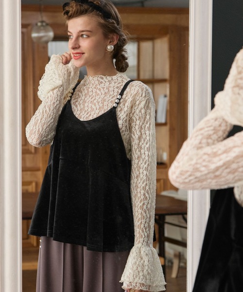 BONLECILL noir（ボンルシールノワール）の「【BONLECILL noir】パールデザインベロアキャミソールビスチェ（キャミソール・レディース・ブラック/チャコールグレー・FREE）」の8枚目の写真