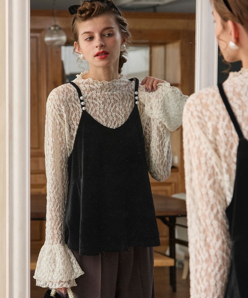 BONLECILL noir（ボンルシールノワール）の「【BONLECILL noir】パールデザインベロアキャミソールビスチェ（キャミソール・レディース・ブラック/チャコールグレー・FREE）」の13枚目の写真