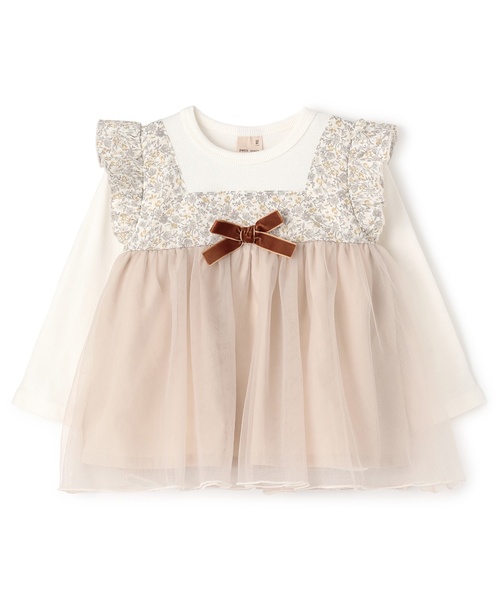 petit main(プティマイン)の「お花チュールドッキング長袖T(Tシャツ/カットソー・キッズ・グレー/ピンク/アイボリー・110cm/90cm/100cm/120cm/80cm/130cm)」の2枚目の写真