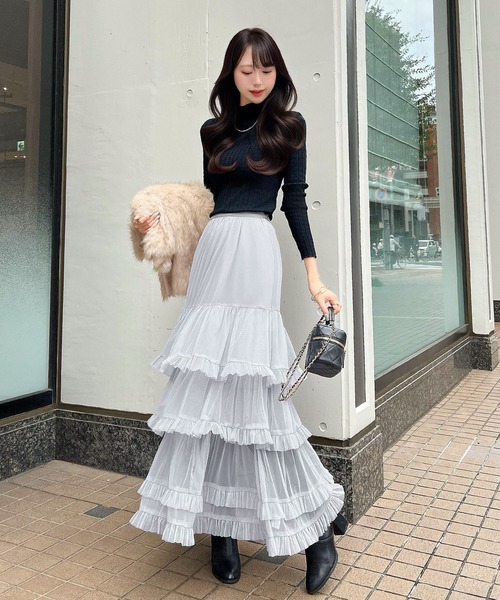 CHARME BY MICOLA（シャルムバイミコラ）の「ボリュームシアーティアードフリルスカート（スカート・レディース・グレー/ホワイト/ブラック・FREE）」の3枚目の写真