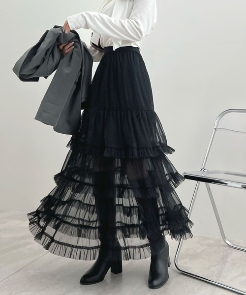 CHARME BY MICOLA（シャルムバイミコラ）の「ボリュームシアーティアードフリルスカート（スカート・レディース・グレー/ホワイト/ブラック・FREE）」の2枚目の写真