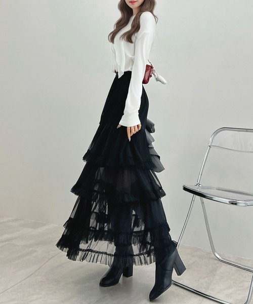 CHARME BY MICOLA（シャルムバイミコラ）の「ボリュームシアーティアードフリルスカート（スカート・レディース・グレー/ホワイト/ブラック・FREE）」の12枚目の写真