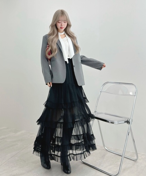 CHARME BY MICOLA（シャルムバイミコラ）の「ボリュームシアーティアードフリルスカート（スカート・レディース・グレー/ホワイト/ブラック・FREE）」の14枚目の写真