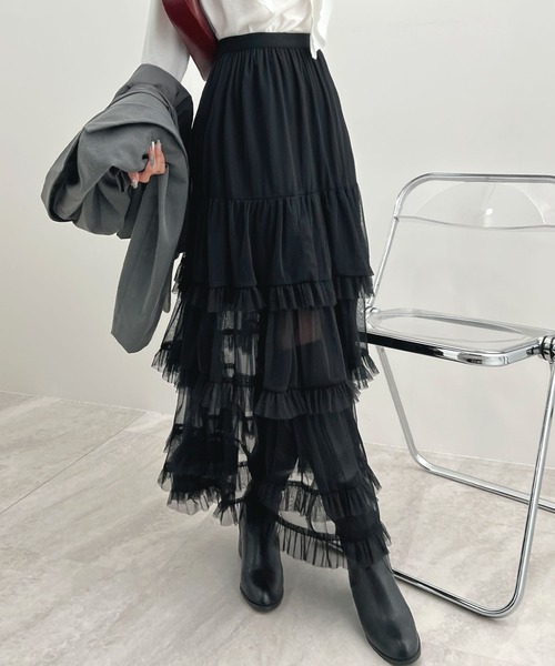 CHARME BY MICOLA（シャルムバイミコラ）の「ボリュームシアーティアードフリルスカート（スカート・レディース・グレー/ホワイト/ブラック・FREE）」の15枚目の写真