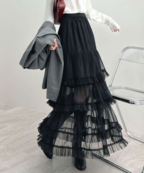 CHARME BY MICOLA（シャルムバイミコラ）の「ボリュームシアーティアードフリルスカート（スカート・レディース・グレー/ホワイト/ブラック・FREE）」の13枚目の写真
