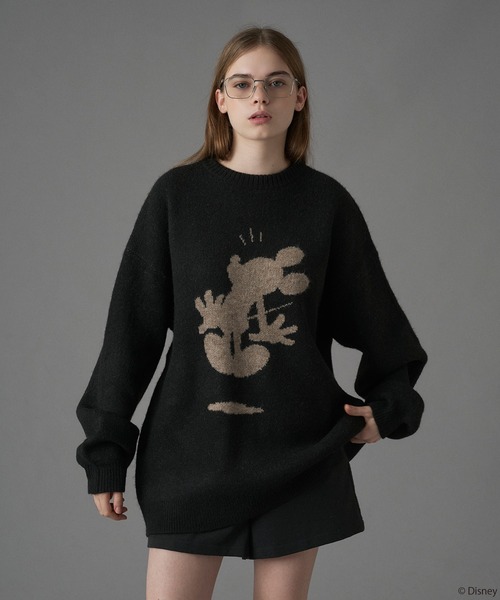 ONCILY ディズニー　シルエットモチーフニット　ブラック　M Disney / Mickey Mouse 】SILHOUETTE MOTIF KNIT / シルエットモチーフ