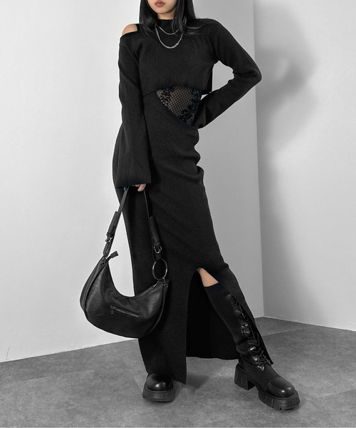 LVEU.(ラブユ.)の「【LVEU.】変形ドッキングニットワンピース / ワンピース ワンピ 変形 アシンメトリー アシメ ニット ロング 肌見せ カットアウト モード レイヤード ブラック(ワンピース・レディース・ブラック・FREE)」の18枚目の写真