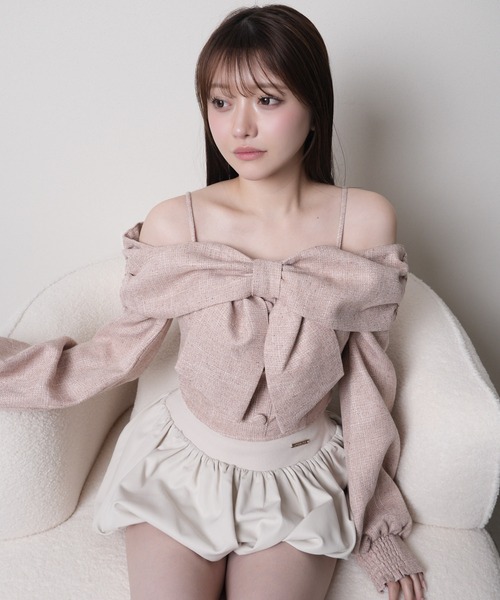 リボンオフショルロングスリーブトップス（Tシャツ/カットソー