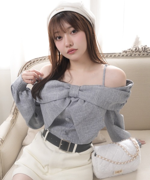 セール】リボンオフショルロングスリーブトップス（Tシャツ/カットソー