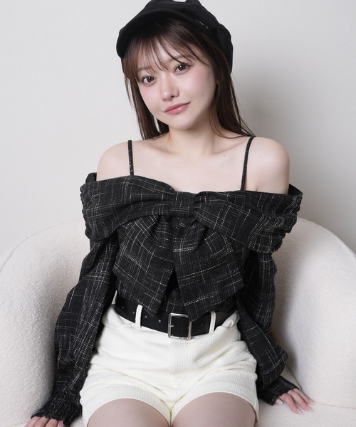 リボンオフショルロングスリーブトップス（Tシャツ/カットソー