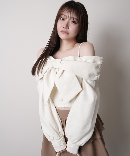 リボンオフショルロングスリーブトップス（Tシャツ/カットソー