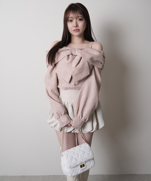 リボンオフショルロングスリーブトップス（Tシャツ/カットソー