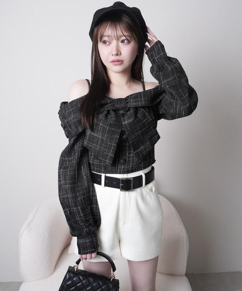 リボンオフショルロングスリーブトップス（シャツ/ブラウス