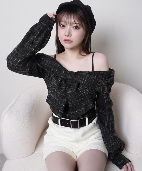 リボンオフショルロングスリーブトップス（シャツ/ブラウス