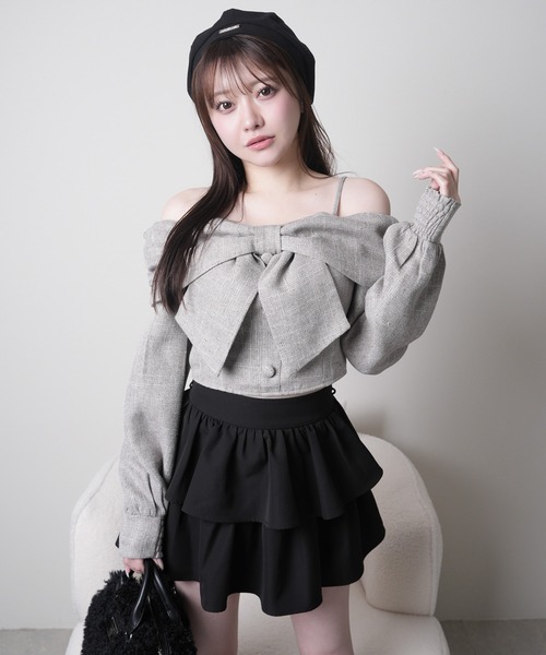 リボンオフショルロングスリーブトップス（Tシャツ/カットソー