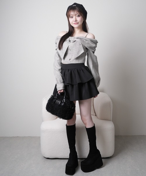 リボンオフショルロングスリーブトップス（Tシャツ/カットソー