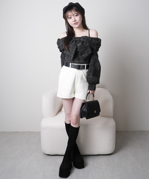 リボンオフショルロングスリーブトップス（シャツ/ブラウス