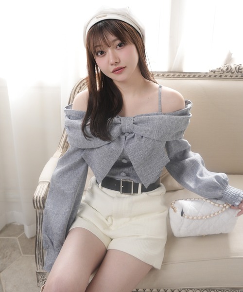 リボンオフショルロングスリーブトップス（シャツ/ブラウス