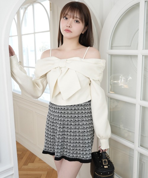 リボンオフショルロングスリーブトップス（シャツ/ブラウス