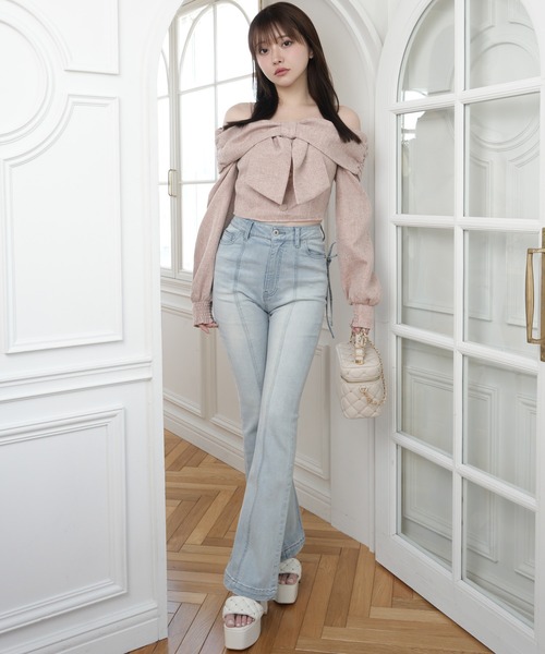 リボンオフショルロングスリーブトップス（シャツ/ブラウス