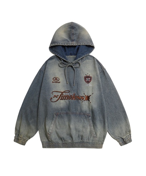 HOOK(フック)の「HOOK -select- 刺繍デニムプルオーバーパーカー(パーカー・メンズ・ブラック/ブルー・M/L)」の6枚目の写真