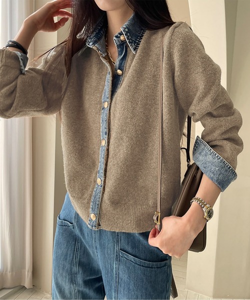 セール】レイヤード風 デニムニットカーディガン（カーディガン/ボレロ