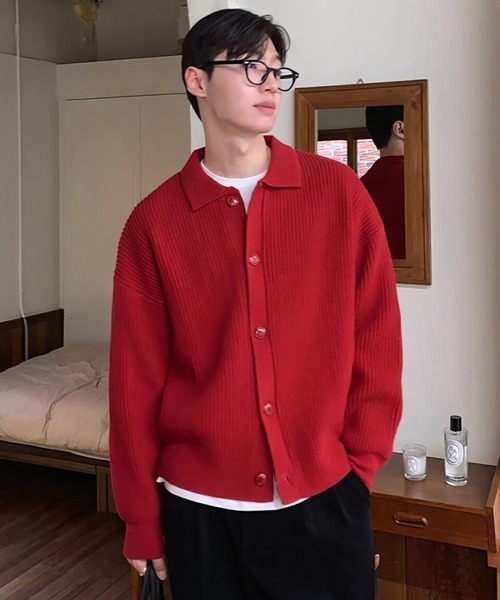 NOWLE（ノウル）の「【NOWLE】ポロネック リブニット カーディガン（カーディガン/ボレロ・メンズ・グレー/アイボリー/ブラック/ブラウン/グリーン/レッド/ネイビー・SMALL/MEDIUM/LARGE）」の16枚目の写真