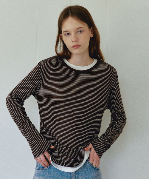 LOEIL(ロエイユ)の「ルーズフィットストライプウールTシャツ - ブラウン(Tシャツ/カットソー・レディース・その他・FREE)」の1枚目の写真