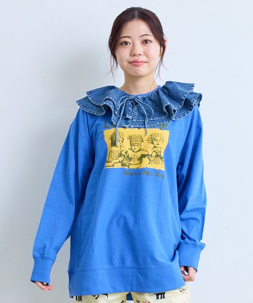 MARKEY'S(マーキーズ)の「ナガソデリブロンティー/おとな(Tシャツ/カットソー・レディース・杢グレー/ブルー/オフホワイト/テラコッタ・170cm)」の4枚目の写真