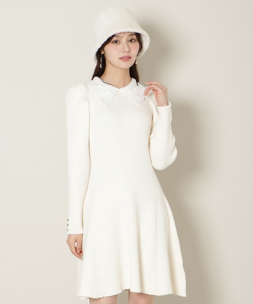 【新品未使用】WILLSELECTION ホワイトロングニットワンピース リボン 12/5(fri)10時発売】リボンレースカラーニットワンピース（ワンピース