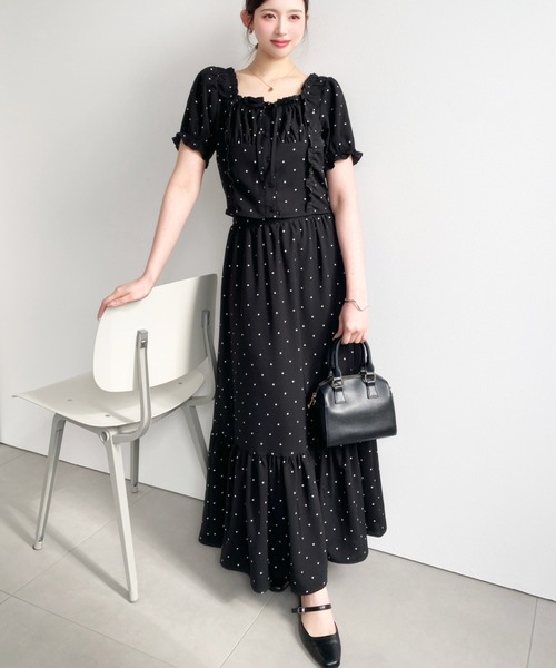 スクエアネックギャザーフリルリボンコルセットブラウスセパレート