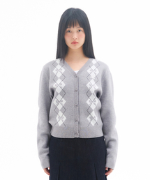 CROP V NECK ARGYLE CARDIGAN GREY