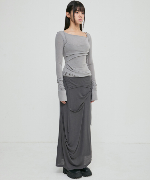 FLAREUP(フレアアップ)の「Asymmetrical Draped Long Skirt (FL-263_Dark Gray)(スカート・レディース・ダークグレー・OS)」の4枚目の写真