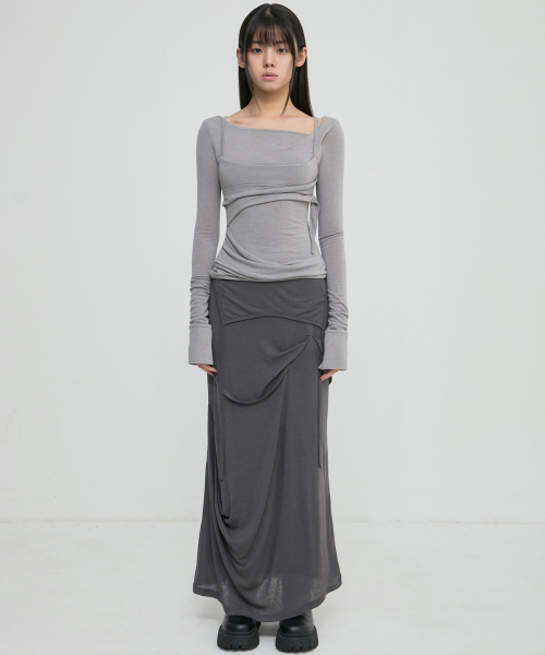FLAREUP(フレアアップ)の「Asymmetrical Draped Long Skirt (FL-263_Dark Gray)(スカート・レディース・ダークグレー・OS)」の5枚目の写真