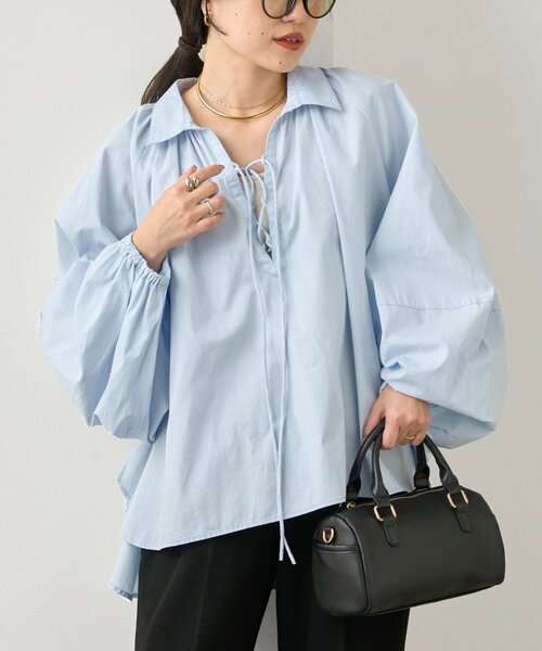 CIAOPANIC TYPY（チャオパニックティピー）の「【アップデート／腰回りカバー】レースアップボリュームスリーブブラウス（シャツ/ブラウス・レディース・サックスブルー/ブラック/オフホワイト/イエロー/ベージュ・ONE SIZE）」の4枚目の写真