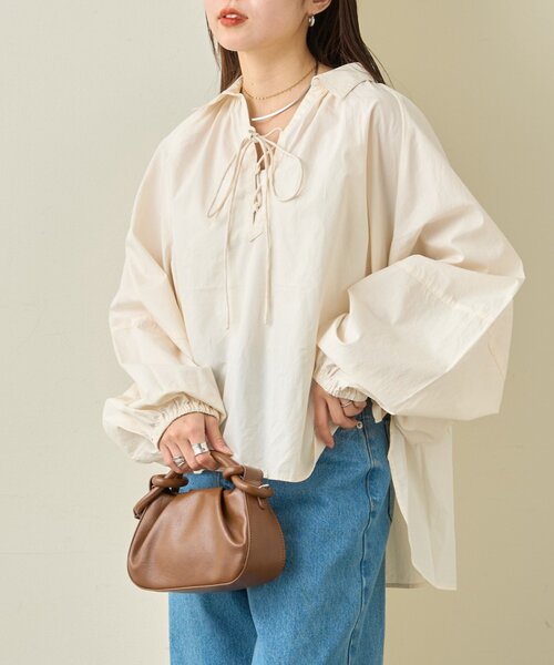 CIAOPANIC TYPY（チャオパニックティピー）の「【アップデート／腰回りカバー】レースアップボリュームスリーブブラウス（シャツ/ブラウス・レディース・サックスブルー/ブラック/オフホワイト/イエロー/ベージュ・ONE SIZE）」の6枚目の写真