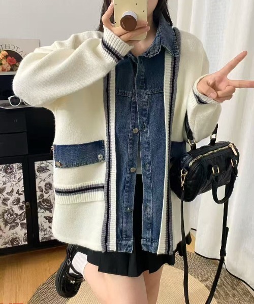 Lips(リップス)の「ニットドッキング デニムシャツジャケット/身頃ニット(カーディガン/ボレロ・レディース・ホワイト/ブラック/グレー・FREE)」の13枚目の写真