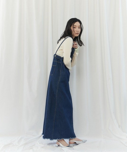 CIEL'AIR(シエルエアー)の「FRINGED DENIM JUMPER SKIRT(スソフリンジジャンスカ)(ワンピース・レディース・ブラック/インディゴブルー・FREE)」の9枚目の写真