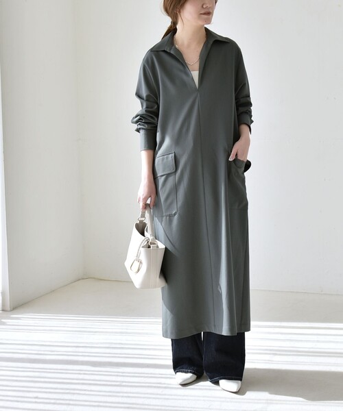quaranciel:〈洗濯機可能〉Vネック スキッパー ロング シャツ