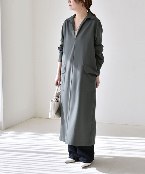 quaranciel(カランシエル)の「quaranciel:〈洗濯機可能〉Vネック スキッパー ロング シャツ ワンピース(ワンピース・レディース・ネイビー/オリーブ・ONE SIZE)」の17枚目の写真