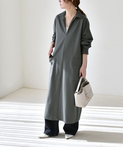 quaranciel(カランシエル)の「quaranciel:〈洗濯機可能〉Vネック スキッパー ロング シャツ ワンピース(ワンピース・レディース・ネイビー/オリーブ・ONE SIZE)」の19枚目の写真