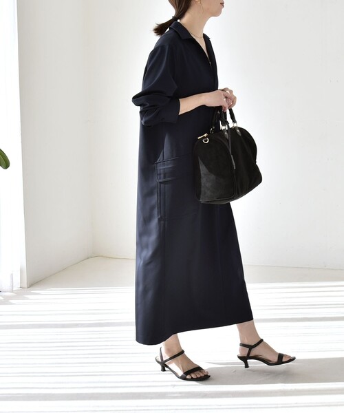 quaranciel:〈洗濯機可能〉Vネック スキッパー ロング シャツ