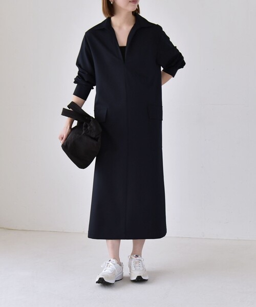 quaranciel(カランシエル)の「quaranciel:〈洗濯機可能〉Vネック スキッパー ロング シャツ ワンピース(ワンピース・レディース・ネイビー/オリーブ・ONE SIZE)」の15枚目の写真