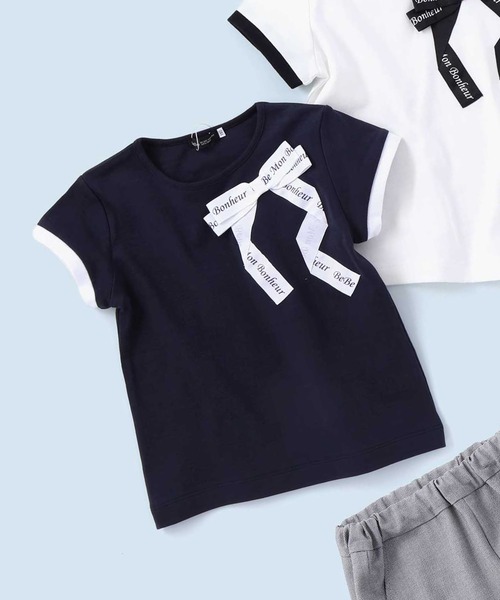 BeBe(ベベ)の「グログランBIGリボンモチーフスムース半袖Tシャツ(80~160cm)(Tシャツ/カットソー・キッズ・ネイビー/ホワイト・110cm/100cm/90cm/120cm/160cm/150cm/80cm/130cm/140cm)」の2枚目の写真