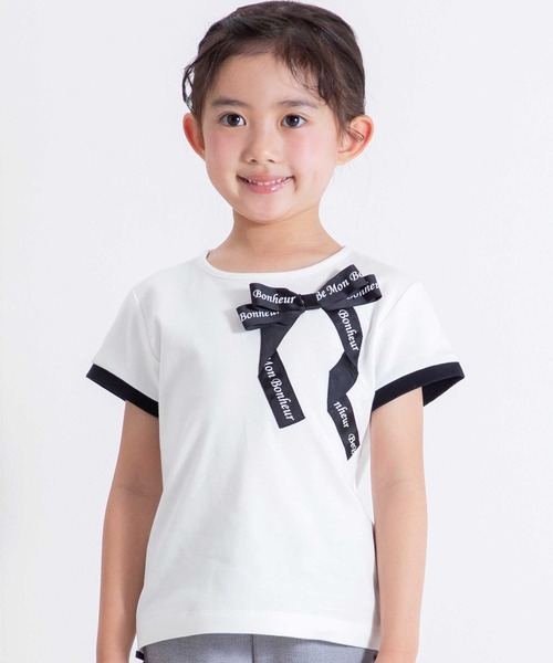 BeBe(ベベ)の「グログランBIGリボンモチーフスムース半袖Tシャツ(80~160cm)(Tシャツ/カットソー・キッズ・ネイビー/ホワイト・110cm/100cm/90cm/120cm/160cm/150cm/80cm/130cm/140cm)」の1枚目の写真