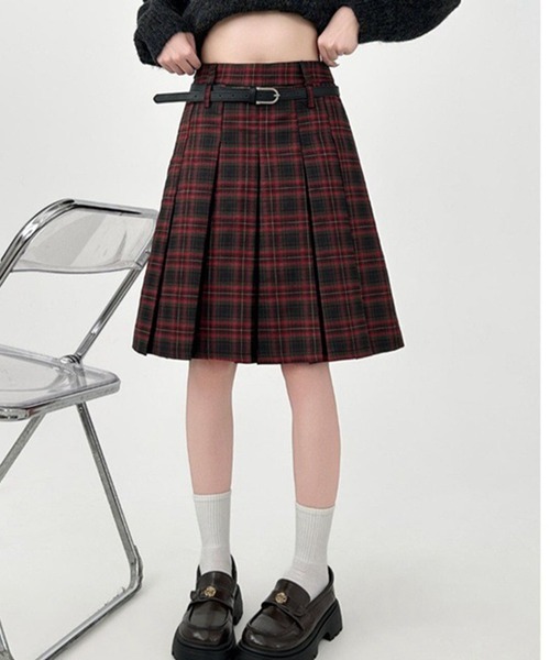 Lace Ladies（レースレディース）の「チェック柄 ローウエスト 膝丈 プリーツ スカート（スカート・レディース・レッド・M/XL/L/S）」の4枚目の写真